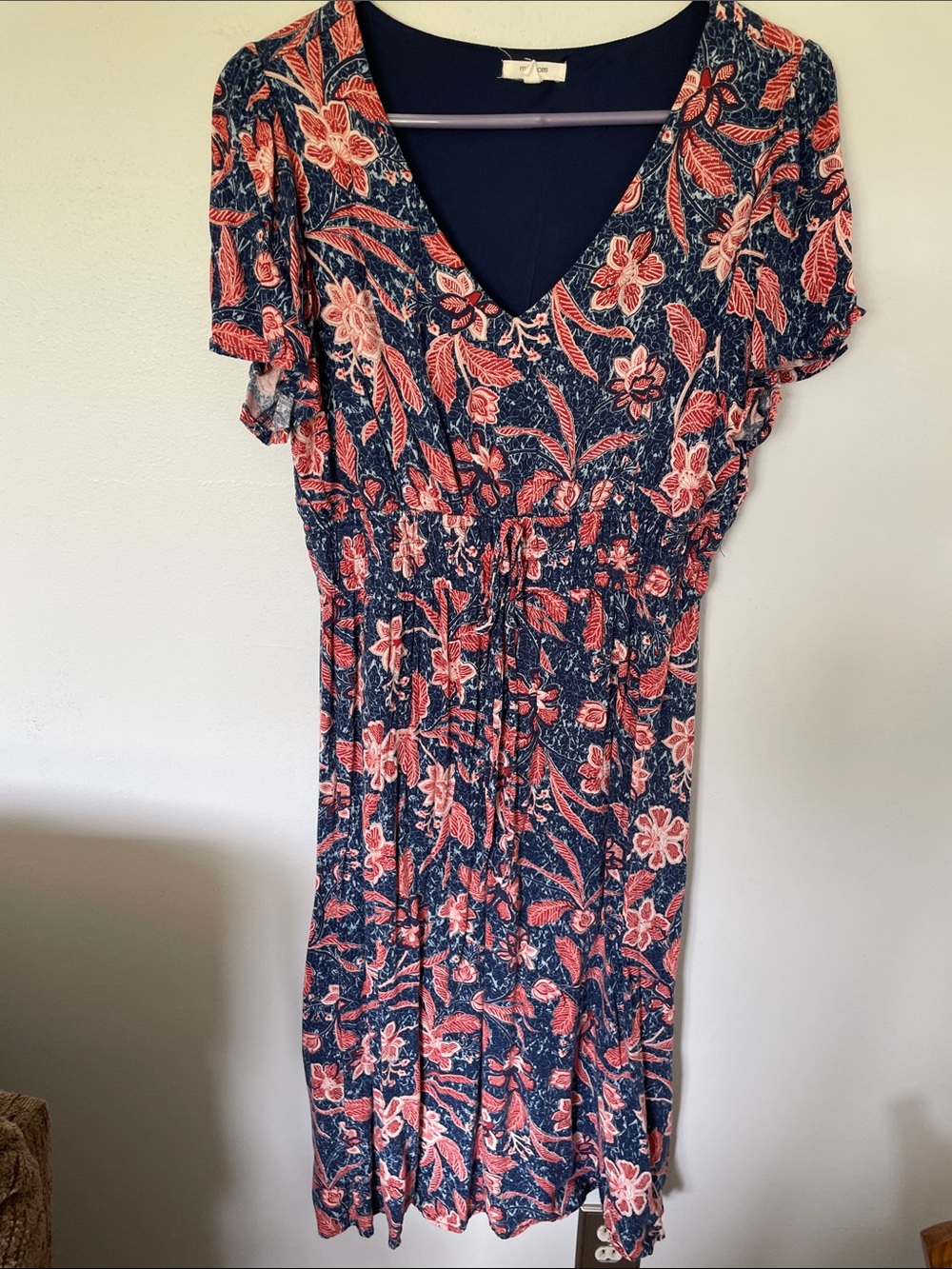 Maurices Navy and Coral Floral V-Neck Midi Dress